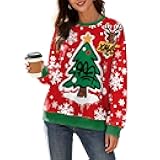 Kasopp Ugly Christmas Sweatshirts for Women Long Sleeve Funny Xmas Print Graphic Pullover Tops Oversized Crewneck Shirt