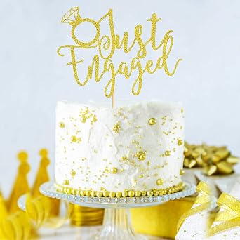 Just Engaged Cake Topper for Engagement Party Decorations, Engaged Ring Sign, Bridal Shower We're Engaged Cake Toppers - Gold Glitter