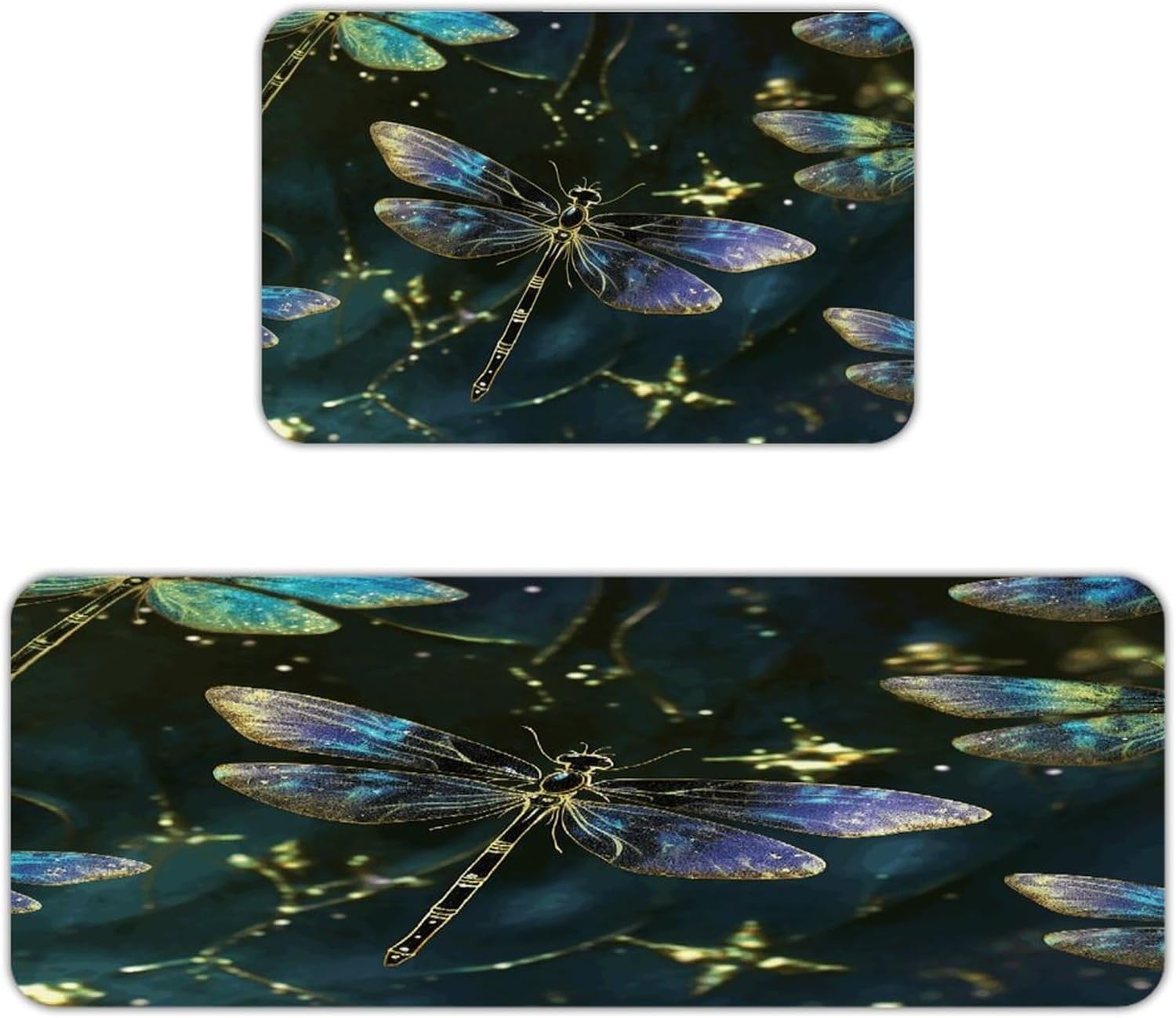 Dragonfly Kitchen Mat Set of 2 Ergonomic Comfort Velvet Rugs Cushioned Anti-Fatigue Non-Slip Standing Mats Thick Kitchen Floor Mat Carpet Runner Rugs 16"×24"+17"×47"