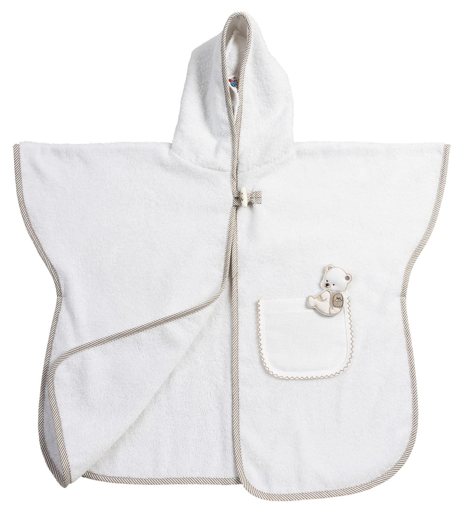 Filet - Poncho de baño para bebés y niños de hasta 2 años, albornoz con capucha de esponja de algodón, bolsillo de lona Aida para bordar, fabricado en Italia, talla única, blanco y taupe