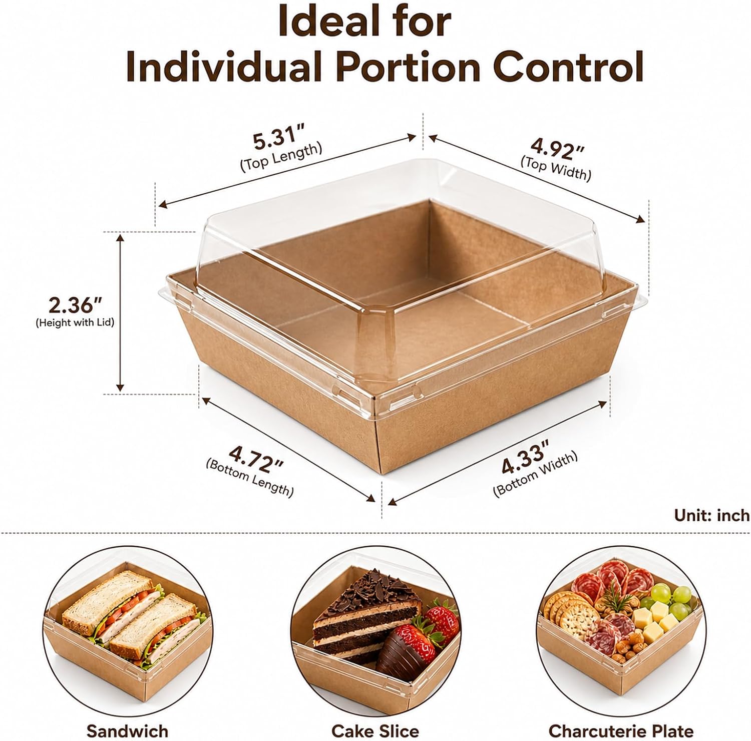 100 Pack Small Charcuterie Boxes with Clear lids, 5" Mini Dessert Box | Disposable Grease-Proof Bakery Packaging, To Go Paper Food Containers for Charcuterie, Sandwich, Cookies, Cake Slice, Pastry
