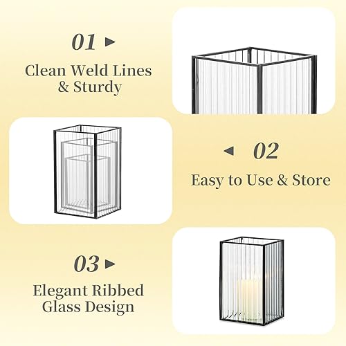 Miniatura 5 de Hewory Portavelas negro de huracán 3 portavelas de cristal de huracán acanalado para velas de pilar, portavelas de pilar cuadrado para centro de