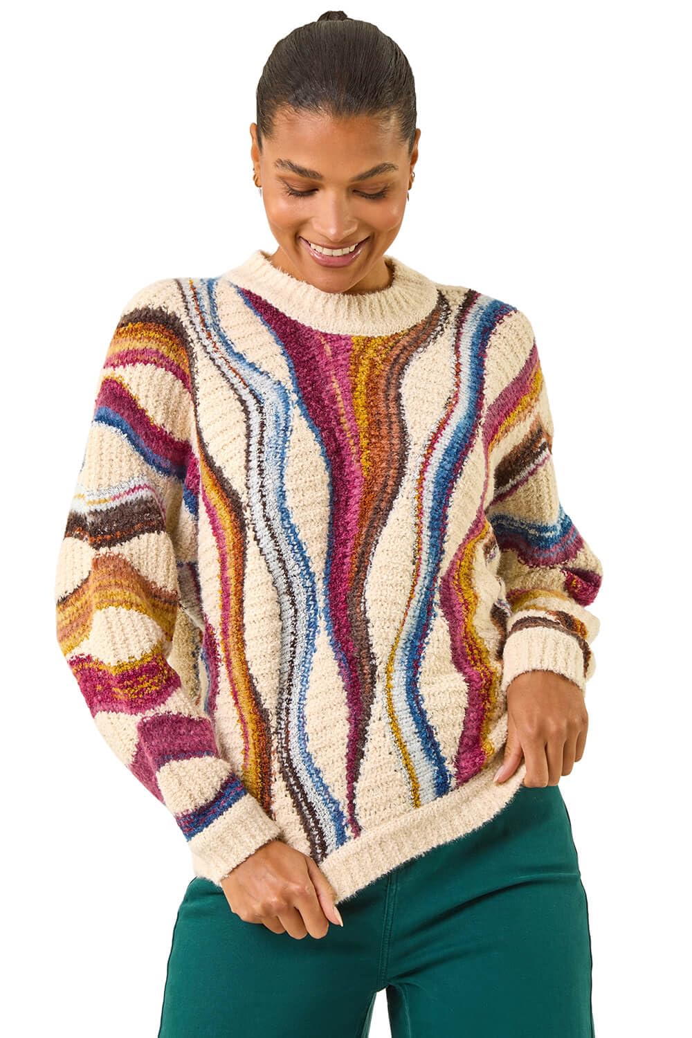 Roman Originals Women's White Abstract Stripe Knit Jumper For Uk - Everyday Autumn Winter Crew Neckline Comfy Soft Evening Vacation Work Party Night Out - Ivory - Size 16