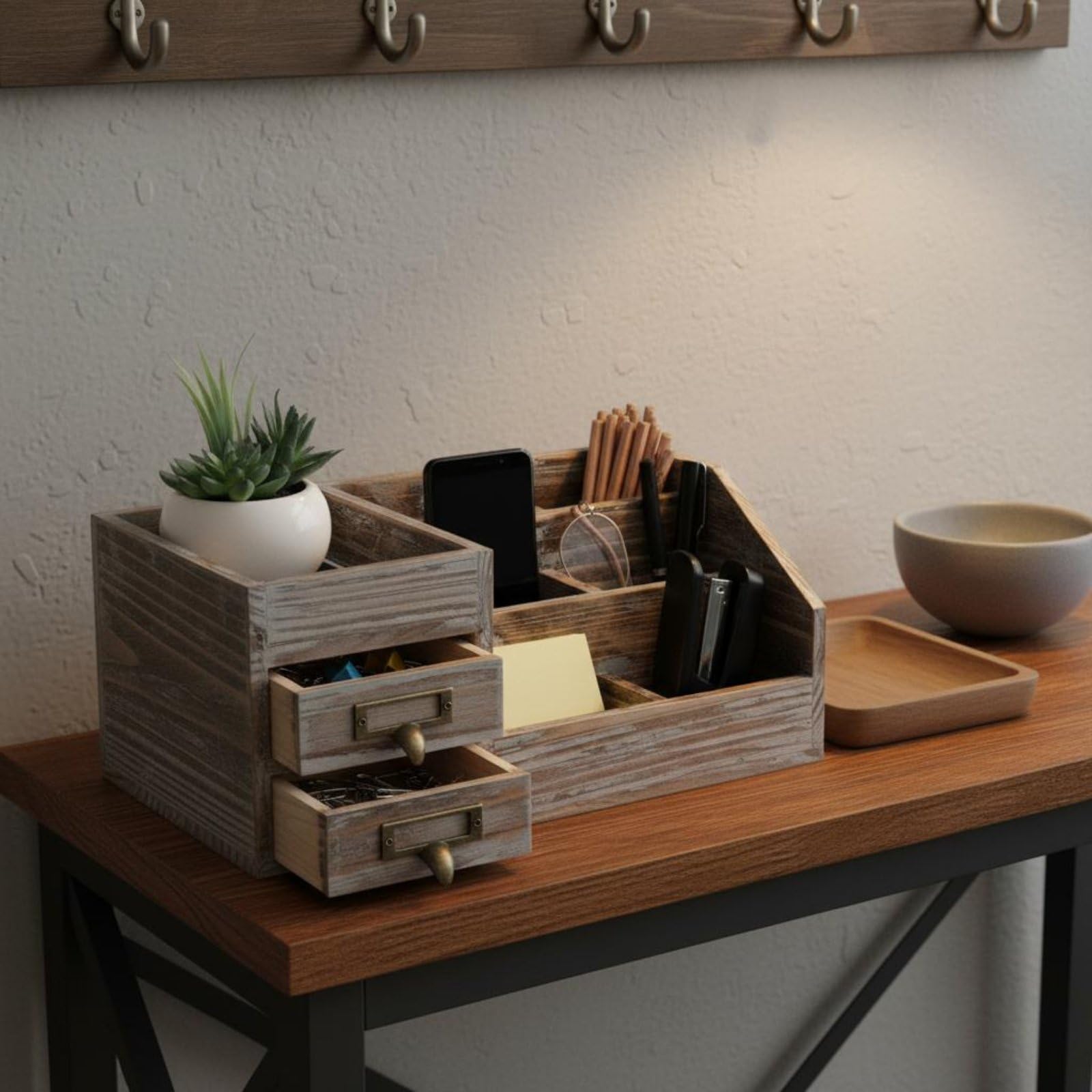 Organizer da Scrivania in Legno Contenitore Portadocumenti Cassettiera Portapenne con 6 Scomparti E 2 Cassetti con Portaetichette Adatto a Studio, Bianco Vissuto