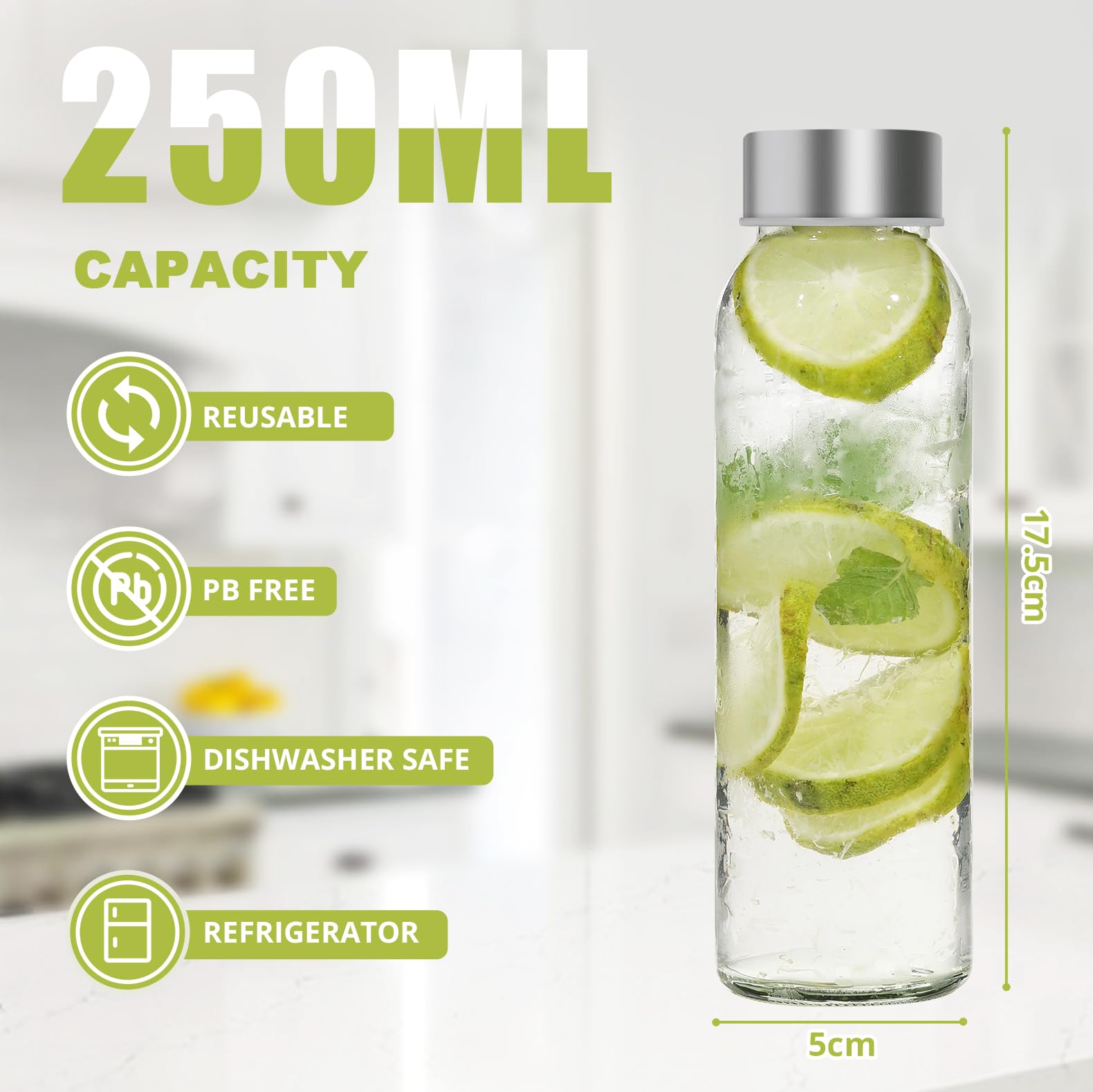 LIMILI Glass Bottles with Lids, Water Bottles with Stainless Steel Lids - Image 2