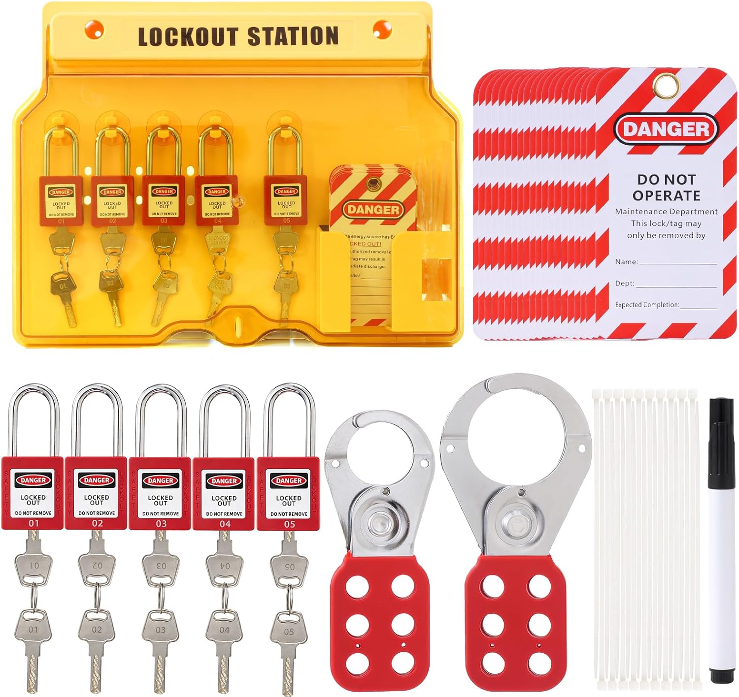 Lockout Tagout Station with Loto Devices, 5 Pack Safety Lock Set, Lockout Tagout Station Safety Kit Electrical Loto Devices, 25 Do Not Operate Tags