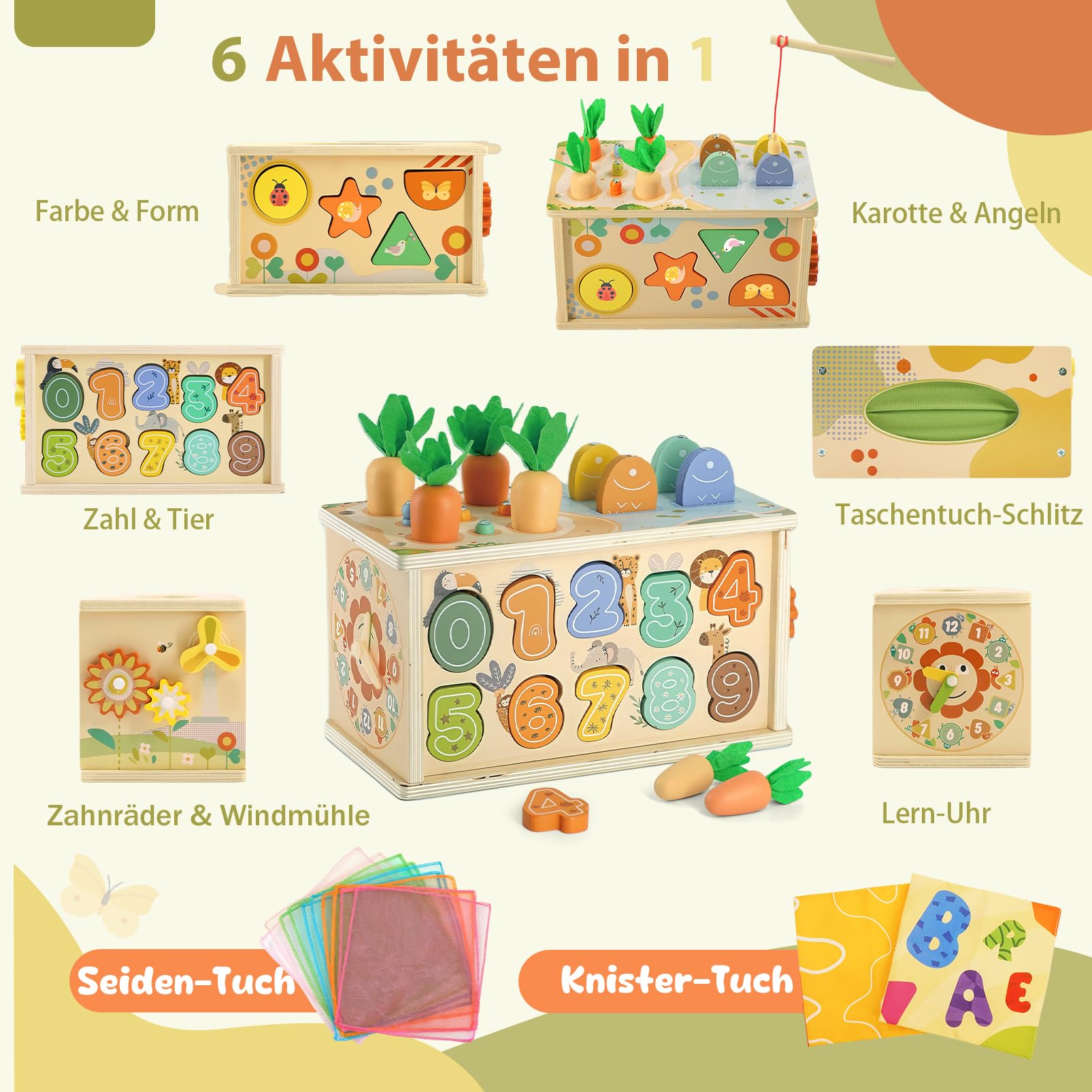 Almaxi Giochi Montessori 1 Anno, 6 in 1 Scatola dei Fazzoletti Montessori in Legno con Ingranaggi, Giochi di Pesca e Forme da Ordinare, Giocattolo Educativo per Sviluppo Motricità Fine Bambini 1 2 3