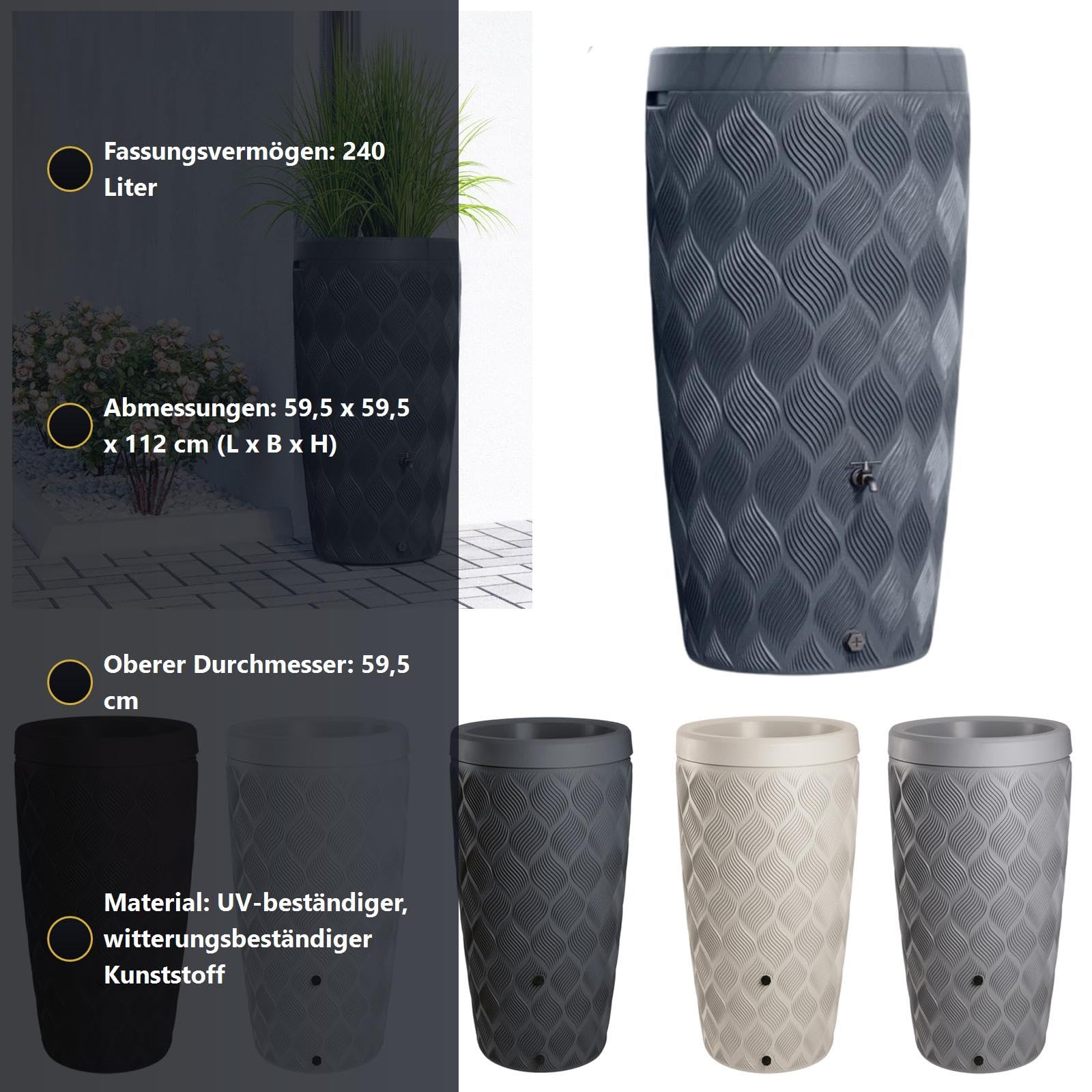 Regenwassertank 240L Regentonne mit Pflanzschale | mit Wasserhahn | 5 Farben