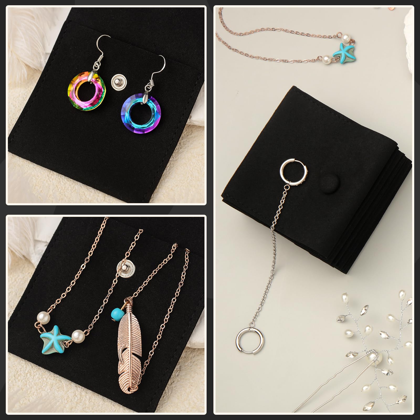 Bolsa de joyería de microfibra 8x8cm, bolsa de embalaje de joyería, bolsas de regalo de joyería pequeñas de lujo, paquete de botón a presión con divisor bolsa de microfibra para embalaje de collar de