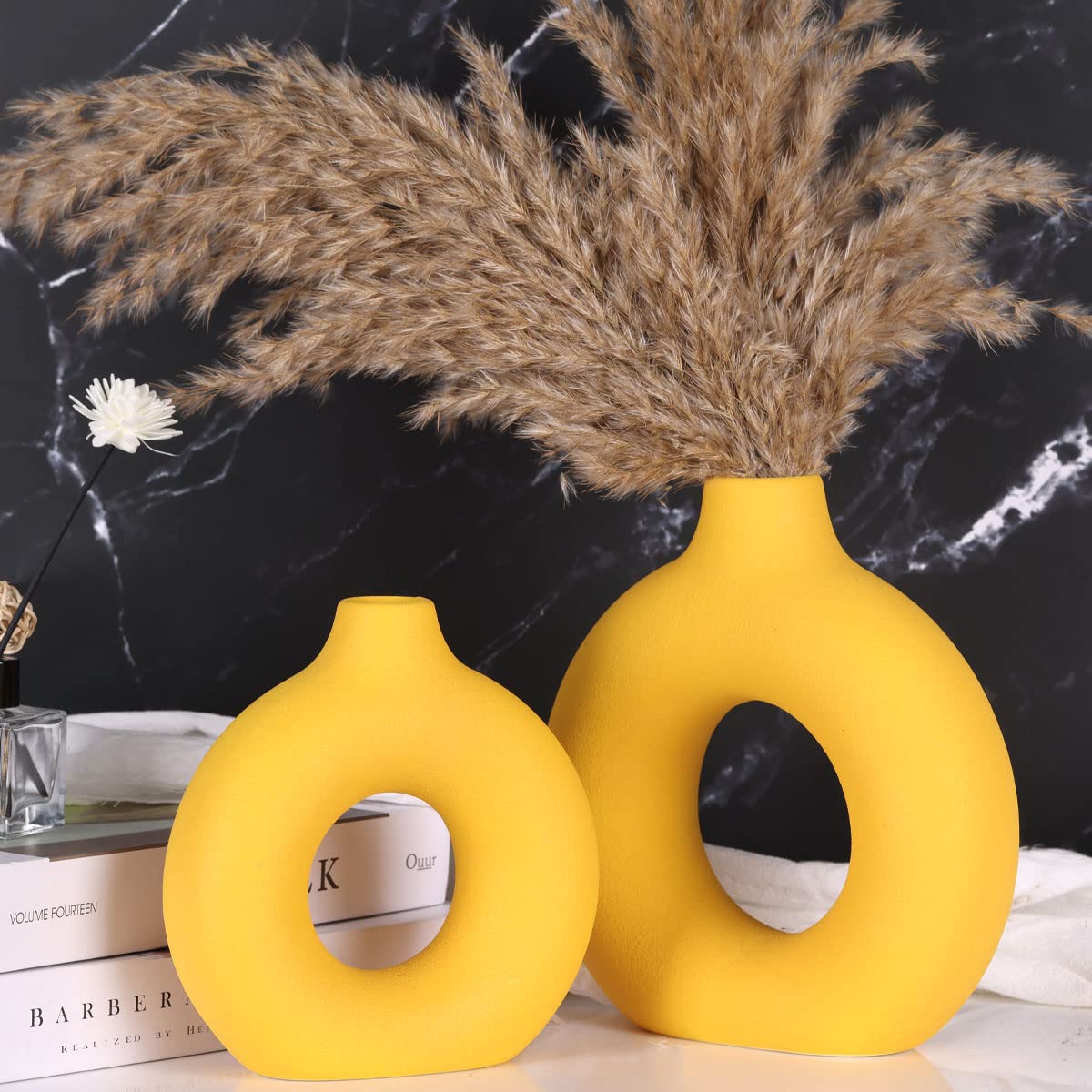 Set di 2 vasi in ceramica gialla, vasi gialli per la decorazione della casa, vasi rotondi bohémien per erba della pampa e fiori, soggiorno, camera da letto, tavolino, camino, fattoria e centrotavola