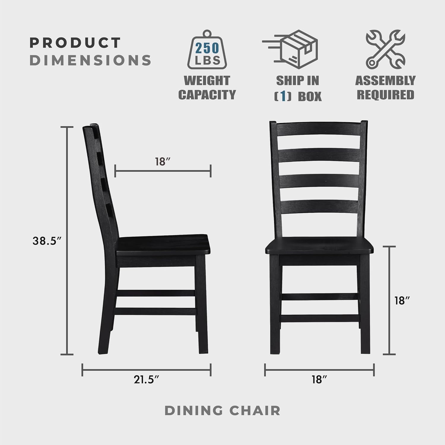 lexicon farmhouse dining chairs set of 2, kitchen dining chairs with sturdy solid wood frame, legs, footrest, high ladder back, comfortable classic wooden armless side seat, easy assembly, black