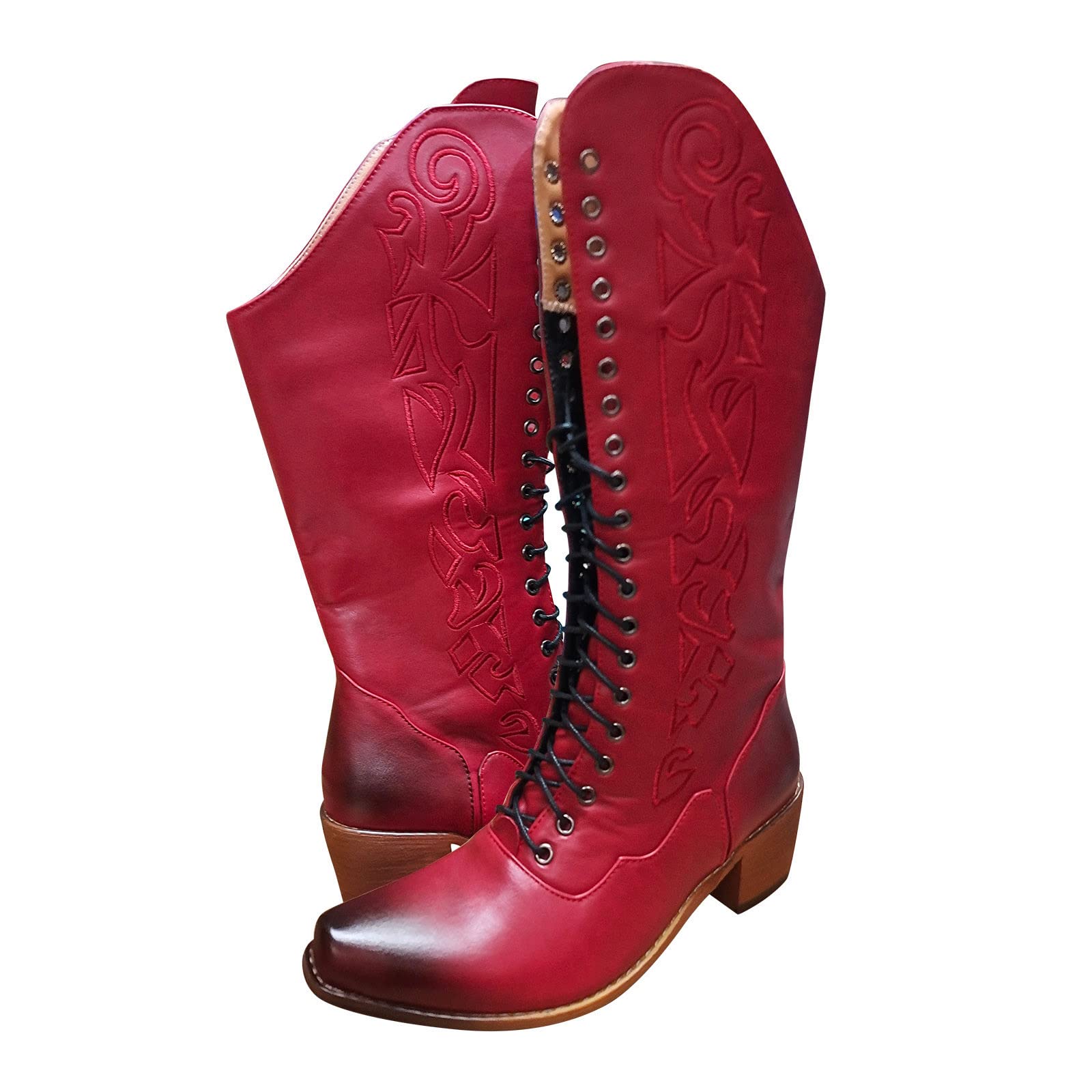 Generico Stivali Donna Mid-Calf in Pelle Artificiale con Lacci Tacco e Suola Spessa per Autunno