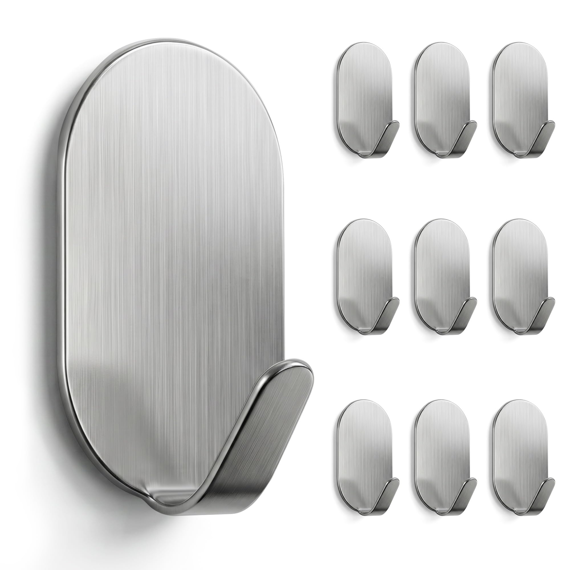 Menylon Self Adhesive Hooks,10 Pack Stainless Steel Wall Hooks Stick on Heavy Duty(Hold 5KG), No Nails Kitchen Bathroom Wall Door Hooks Extra Strong for Hanging Hat Coat Clothes Towel Keys