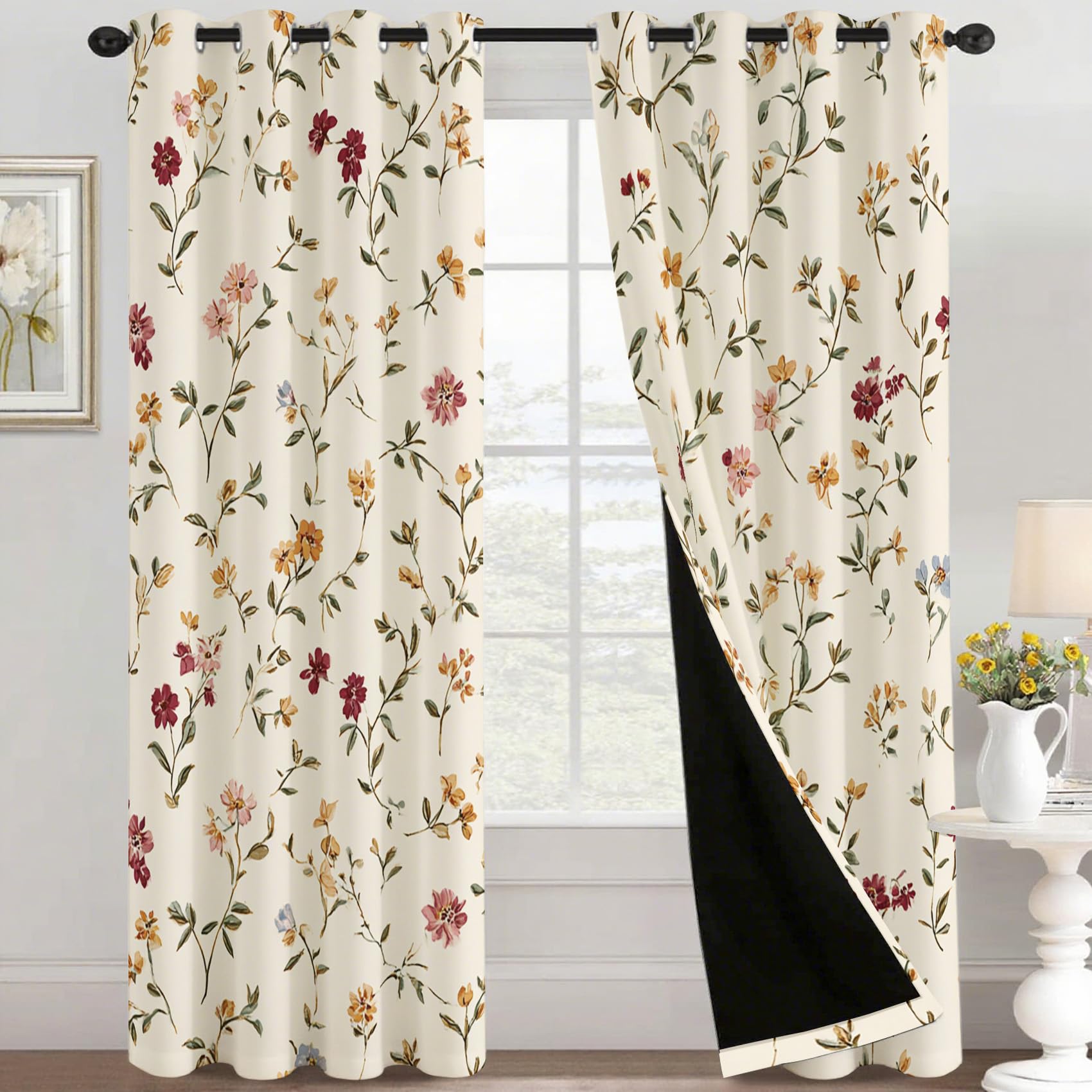 Generisch Vorhänge Schlafzimmer Blumen Landhausstil Motiv, Rustikal Floral Blickdichte Gardinen Wohnzimmer Deko, 2er Set H 220 x B 140, Thermo Verdunklungsvorhänge mit Ösen YD25