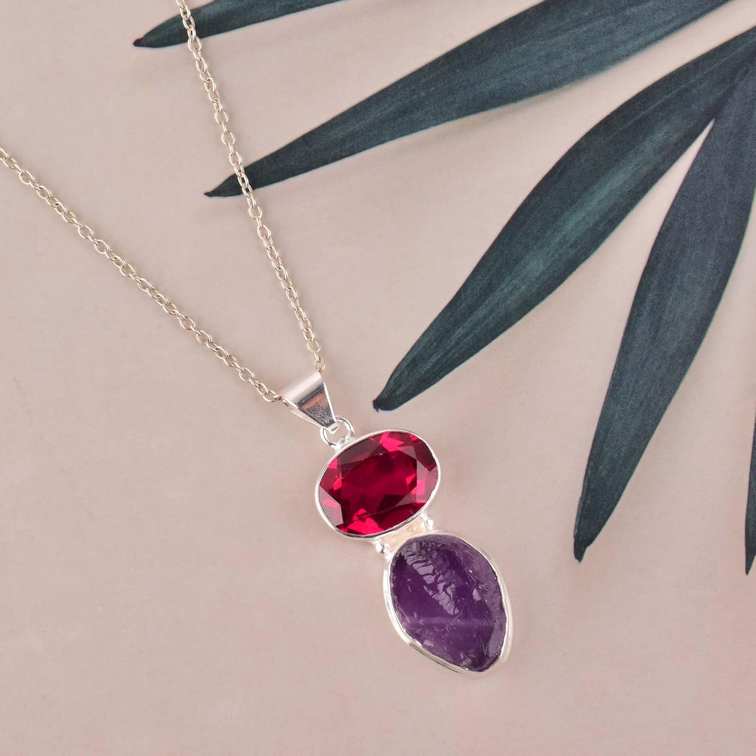 Ruby and Raw Amethyst Crystals Pendant Necklace, Healing Crystals, Birthday, Gift for Her, Dainty Handmade Bezel Gemstone Jewelry 18 inch AAA+ Quality - Image 6