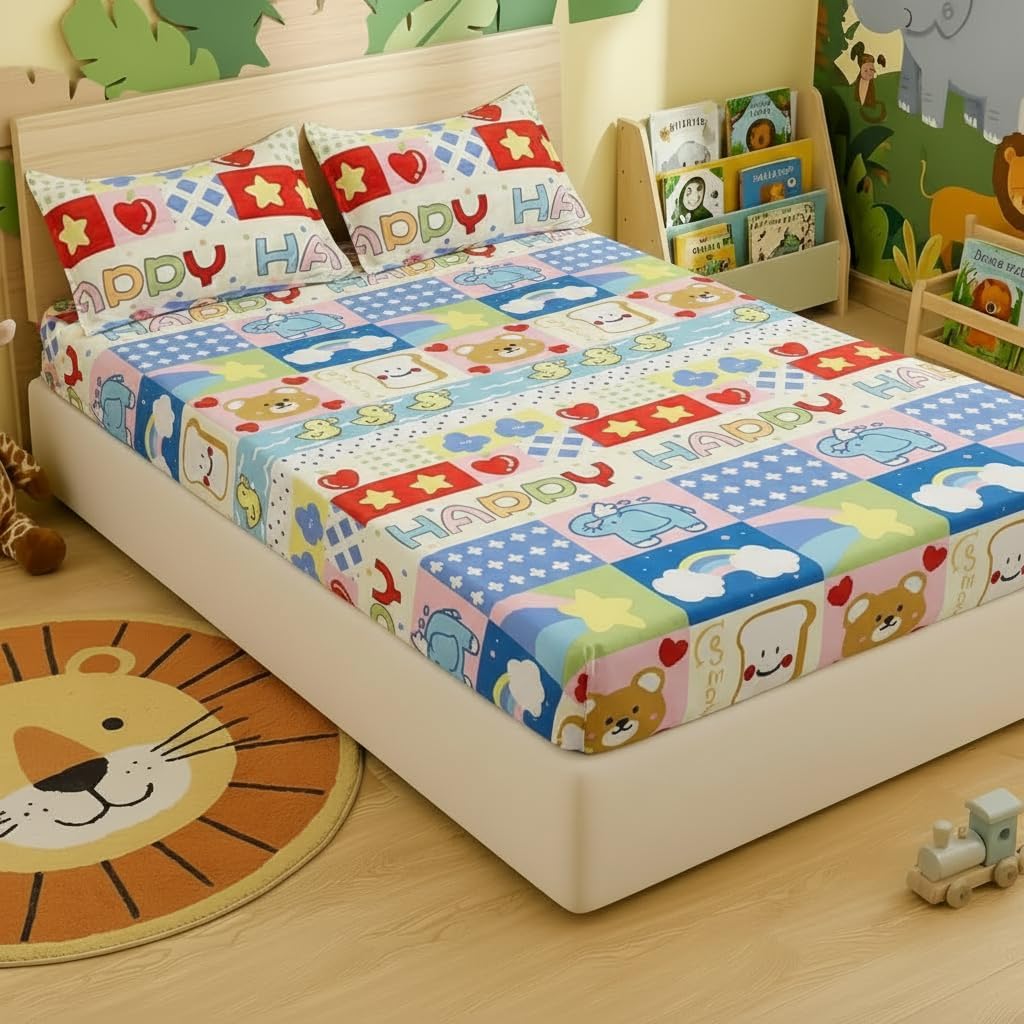 Filymore 240tc Happy Birthday Bedsheet Made with Microfiber Wrinkle Free Soft Hypoallergenic | Floral Printed Double Bed Queen/King Size for Kids (90x90 Inches/Boys Girls Room)(Blue)