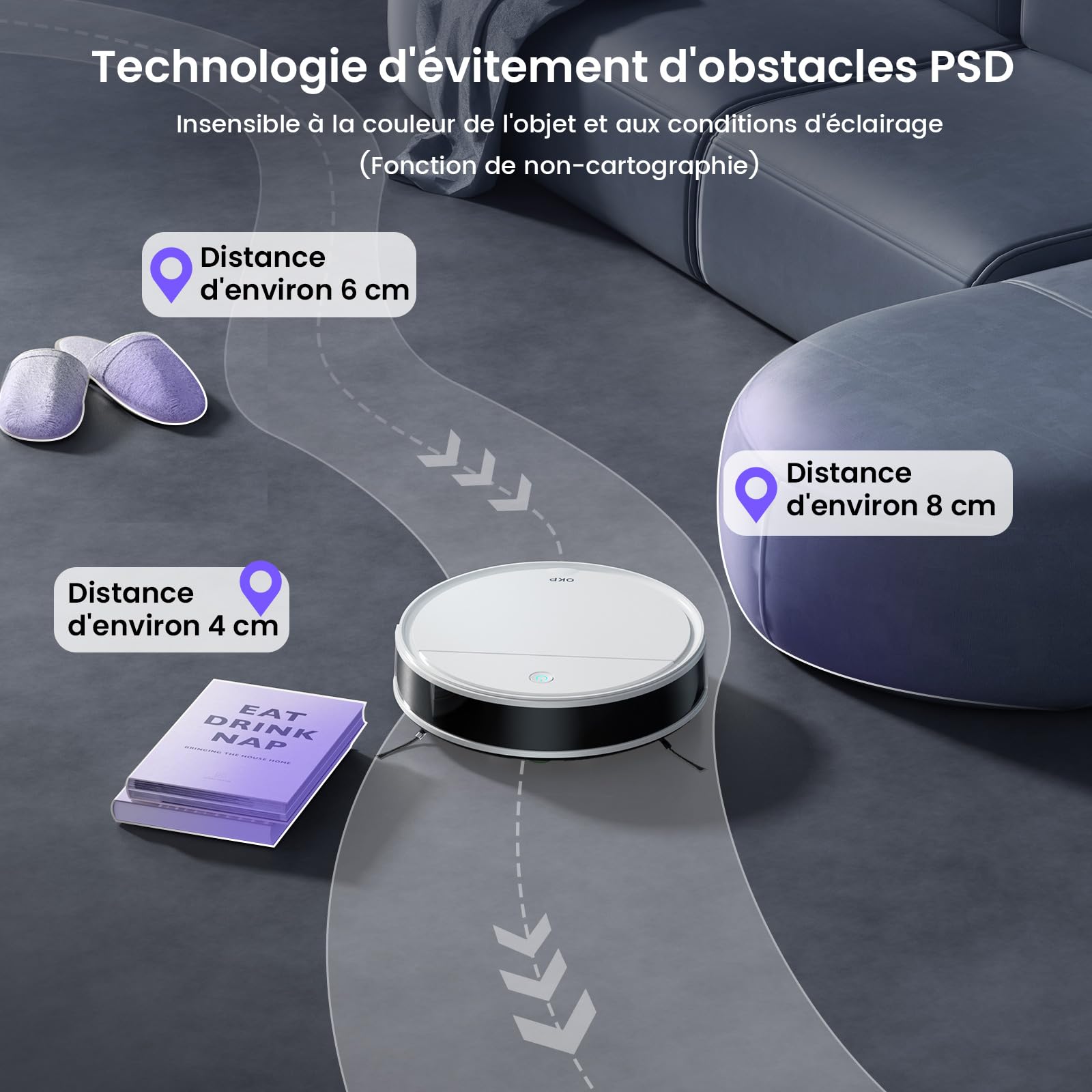 OKP K5 Pro Aspirateur Robot, 5000 Pa,180 Minutes,Ultra-Mince 7,7 cm, Évitement d'obstacles PSD, Silencieux, Adapté aux sols durs et Efficace Contre Les Poils d'animaux, Wi-FI/App/Alexa, Blanc