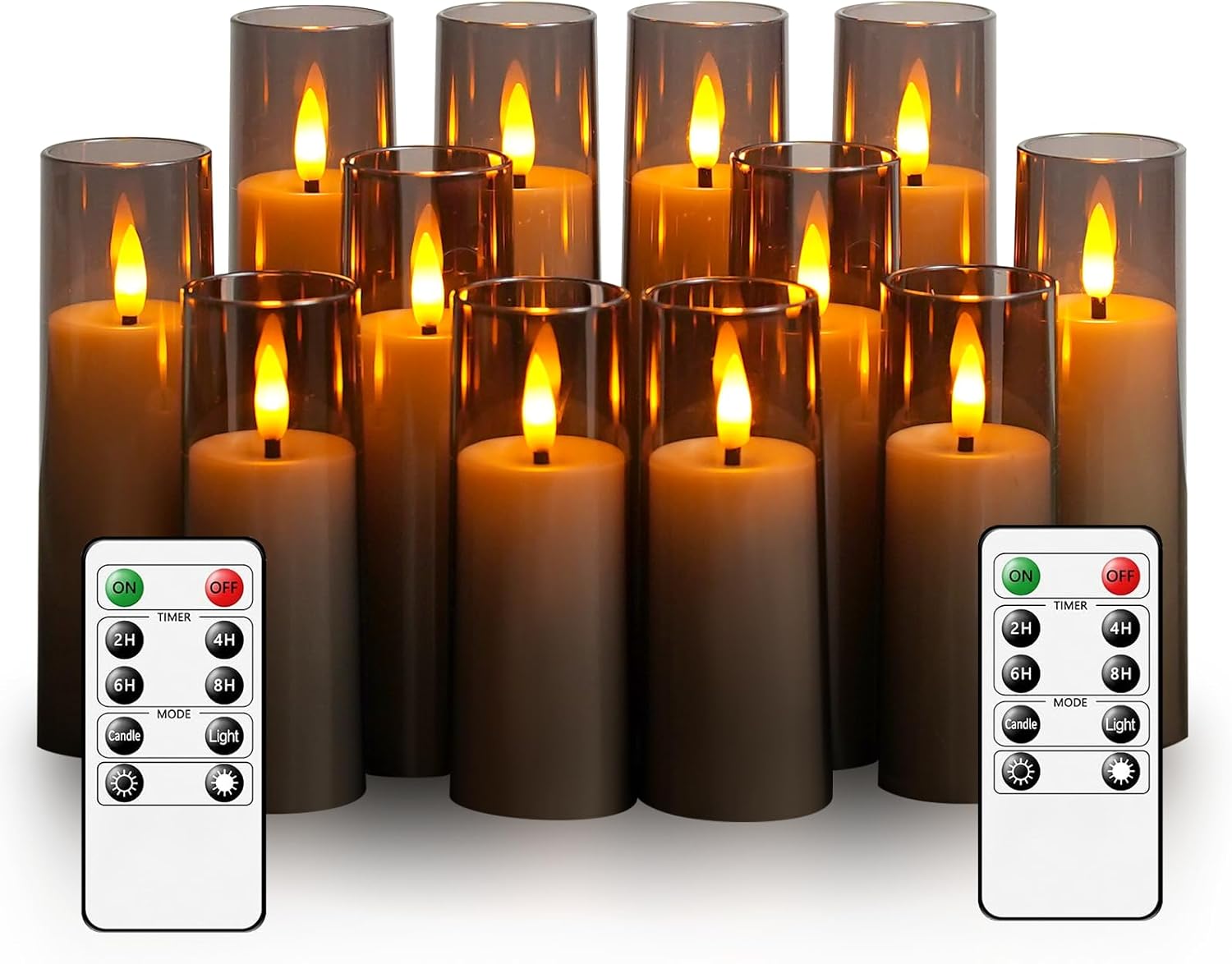 Flickering Flameless Candles, Battery Operated Acrylic LED Pillar Candles with Remote Control and Timer,Pack of 12,(D1.57 xH 4" 5" 6") for Holiday Decorations Home Decorations (Grey)