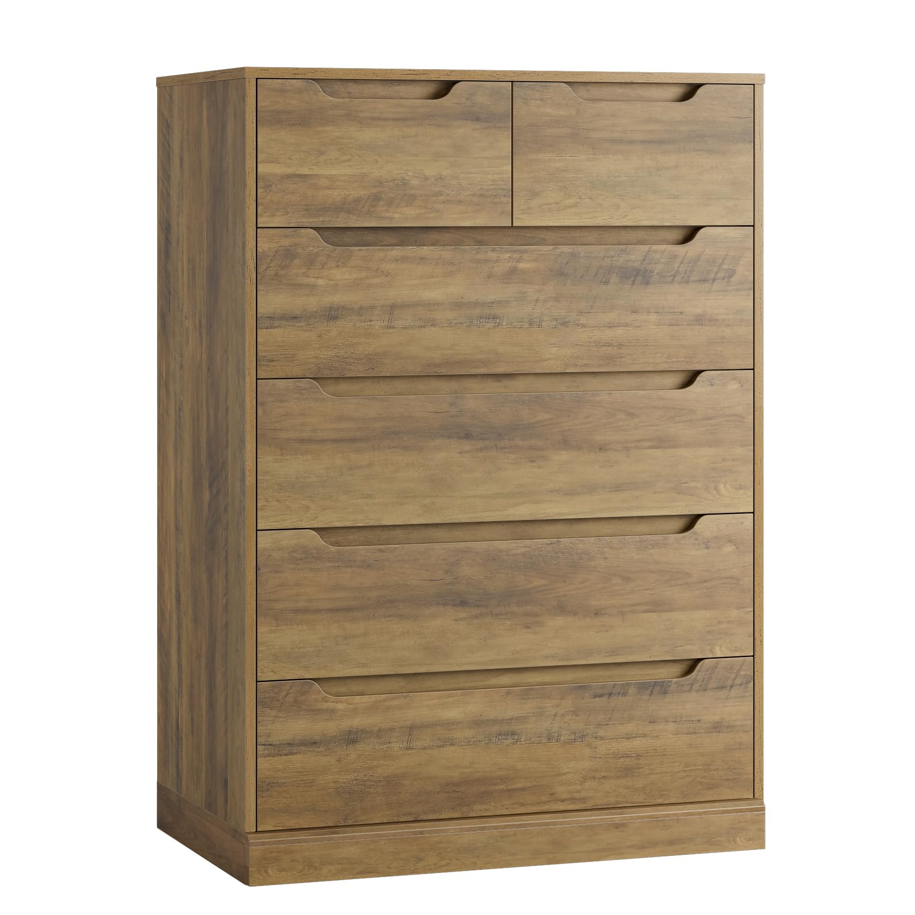 Condition photo showing New/Like New for hostack modern 6 drawer dresser, tall chest of drawers with storage, large wood storage chest organizers with cut-out handles, accent storage cabinet for living room, entryway, hallway, rustic brown