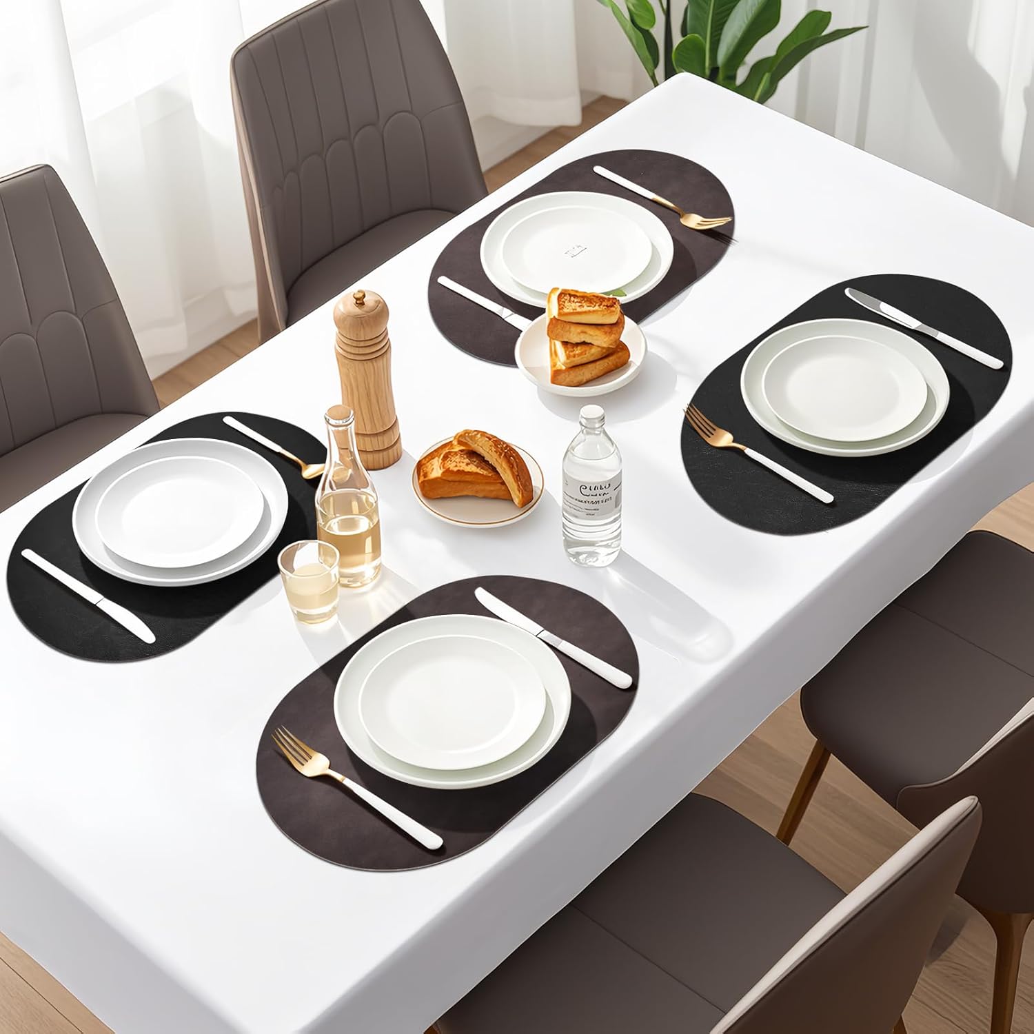 Oval Placemats Set of 6, Faux Leather Place Mats for Dining Table Dual Sided Placemats Heat Resistant Washable Wipeable Table Mats for Indoor Outdoor, Dark Brown/Black