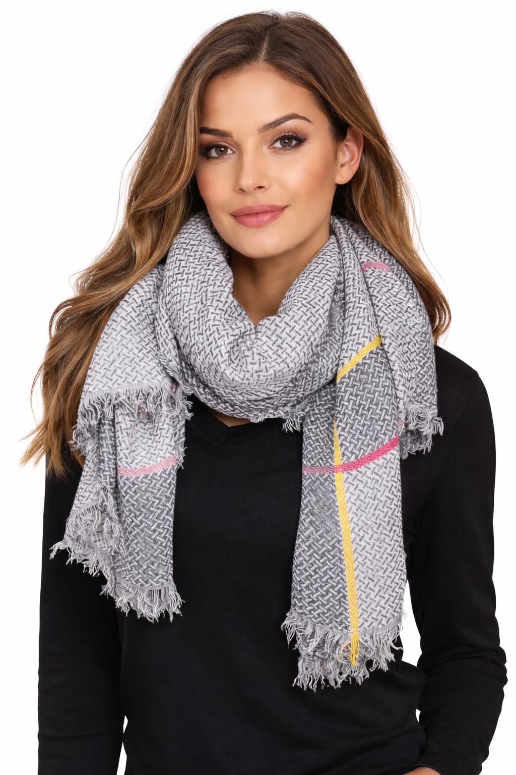 Viscose Wool Square Scarf with Fringes, Black White Woven Design with Yellow and Red Lines, 56 Inch Length-image-30