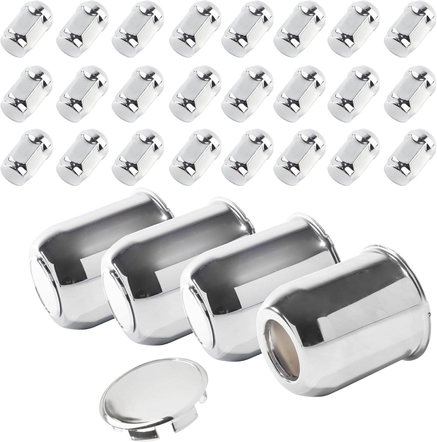 4-Pack Trailer Push Through Center Caps and Trailer Wheel Lug Sets - 3.74in Wheel Center Caps Chrome Wheel Cover Carbon Steel Hub Cap with 24 Chrome Capped 1/2-20 Lug Nuts for Truck RV