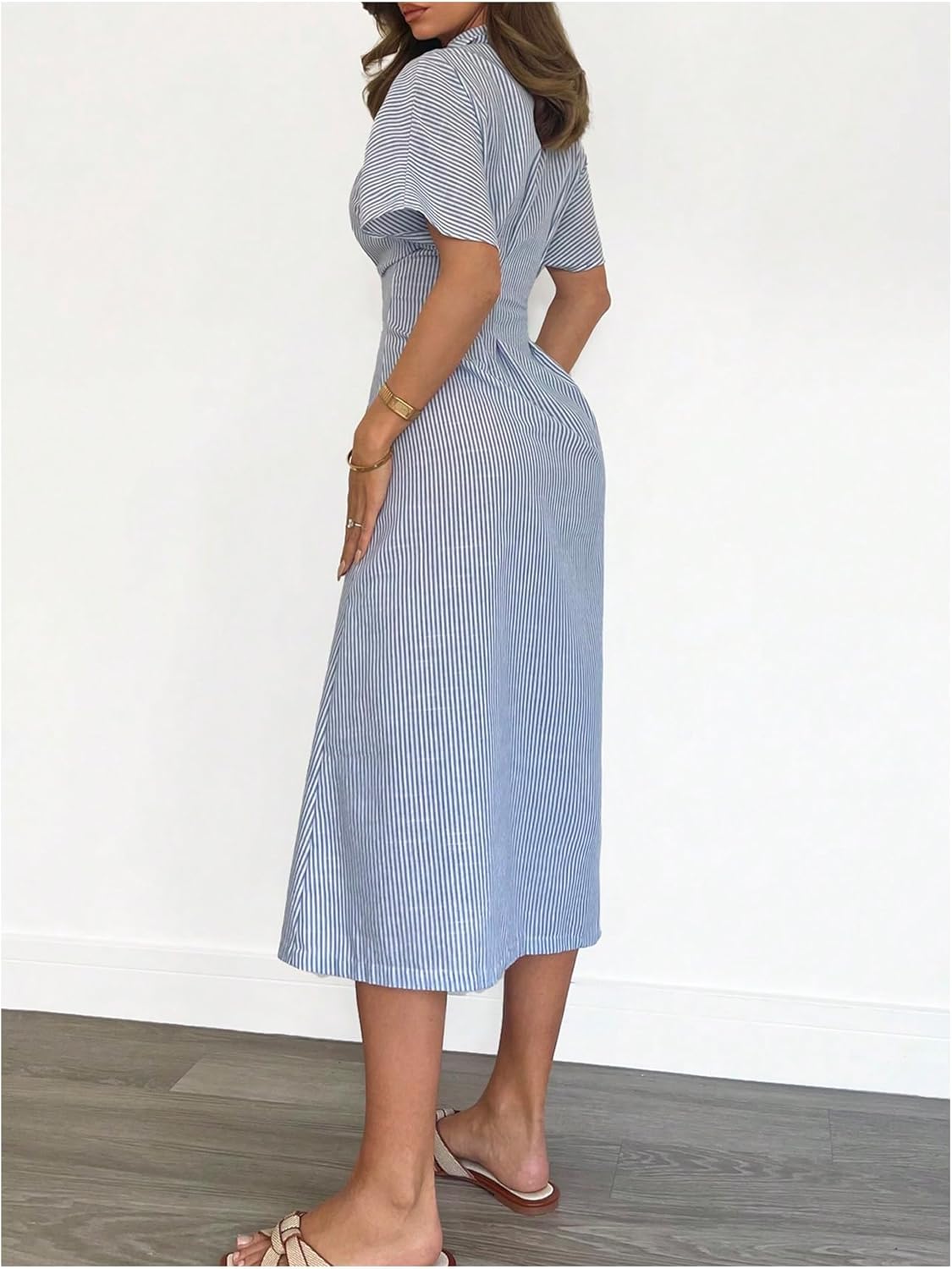 MakeMeChic Women's Summer Striped Button Down Shirt Dress Short Sleeve Midi Dresses - Image 3