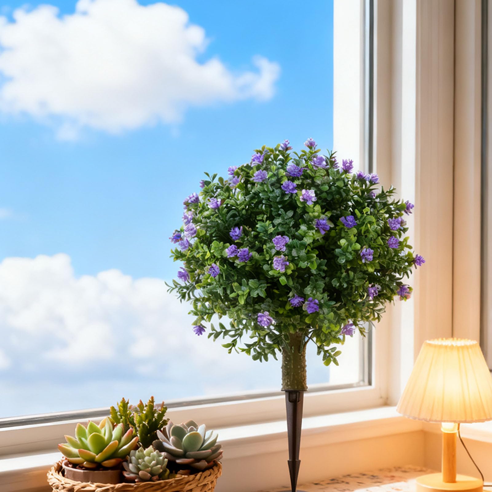 Tnfeeon Albero a Sfera Artificiale per Topiaria, Piante Finte in PE in Pollici PE con Fiori Blu e Picchetto, Arbusto Verde Finto Resistente Ai Raggi per Portico, Giardino e Decorazioni per Esterni