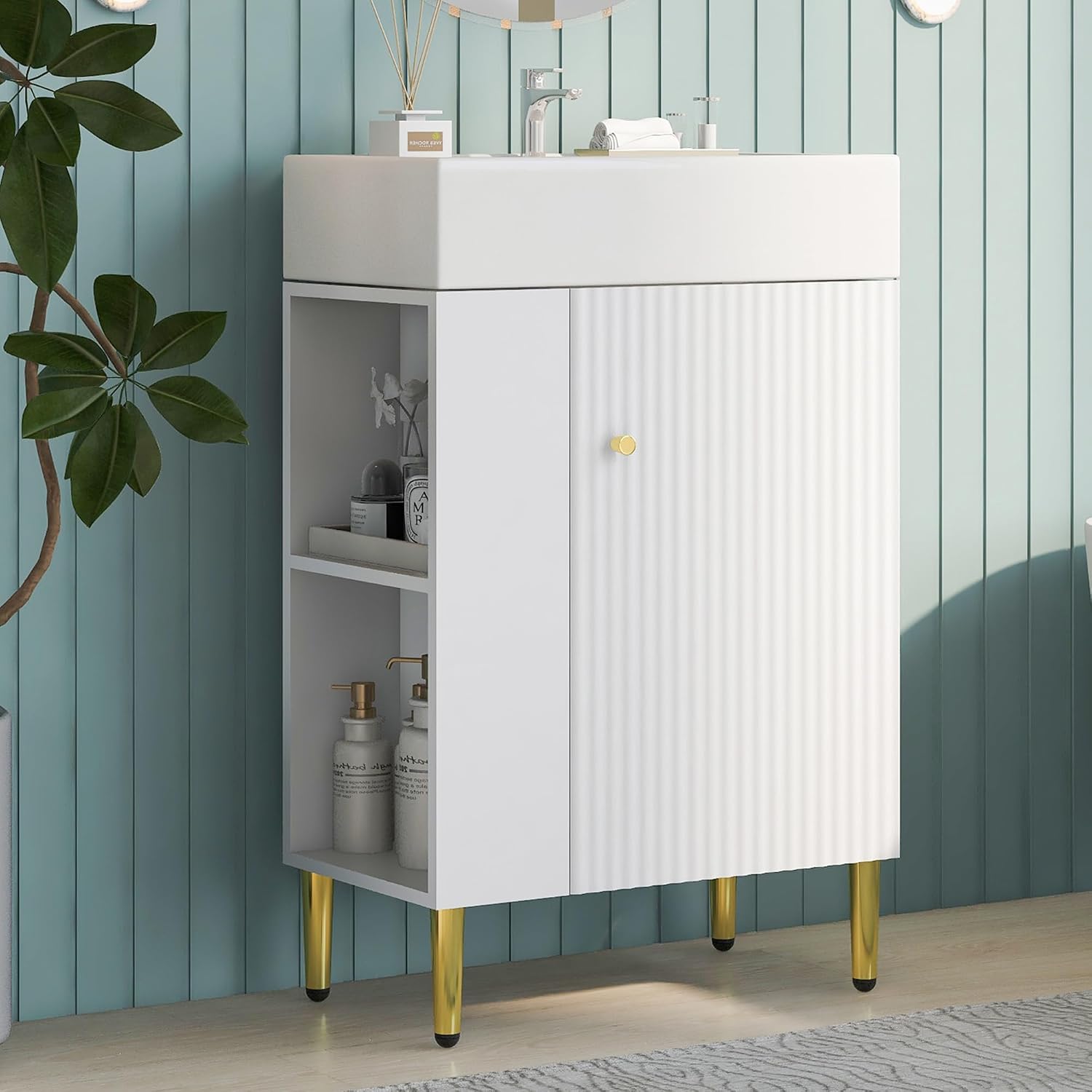 P PURLOVE 21.6" Bathroom Vanity with Ceramic Basin Sink, Door and Left Side Storge for Bathroom (White)