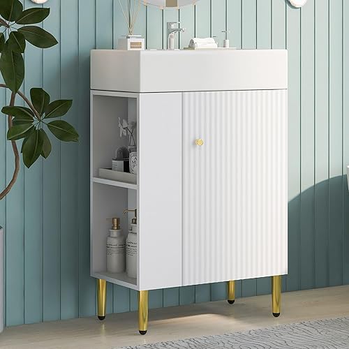 Miniatura 1 de P PURLOVE Tocador de baño de 21.6 pulgadas con lavabo de cerámica, armario de almacenamiento de baño con puerta y almacenamiento lateral izquierdo,