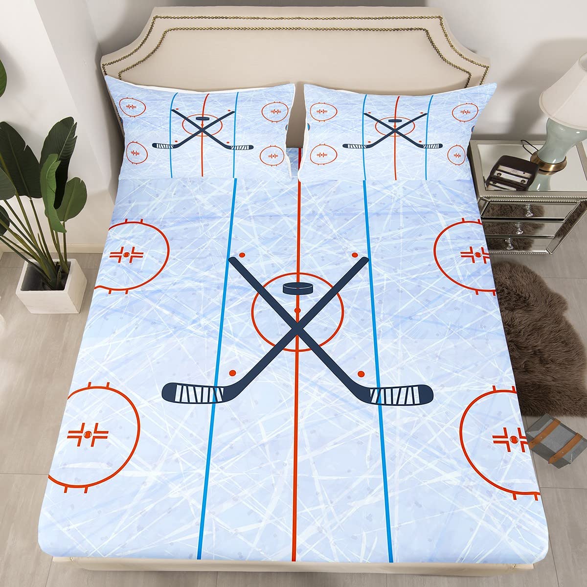 Ice Hockey Bed Sheet Double Size,Hockey Stadium Rink Modern Stylish Fitted Sheet for Teens Adults Bedroom Decor,Winter Event Ball Games Lovers Bed Cover 3pcs,2 Pillowcases,No Top Sheet