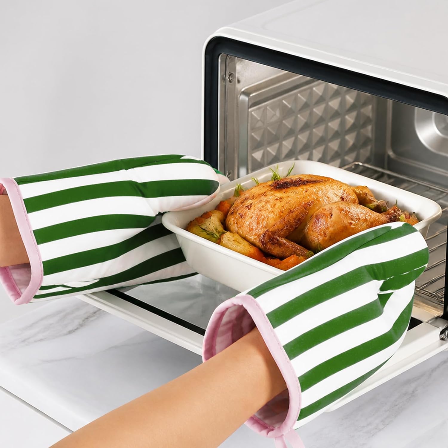 JarThenaAMCS Botanical Green Pink Stripe Oven Mitts Set of 2 Heat Resistant Kitchen Oven Gloves for Cooking Baking Grilling Kitchen Decor, 6.7 x 10.6 Inch