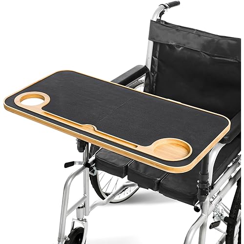 TYYIHUA Foldable Wheelchair Tray Table with Cup Holders for Adults, Seniors, Removable Wheelchair Lap Desk for Eating Reading Resting, Nursing Patient, Fits Seat Width 16" - 20", Bamboo Wood