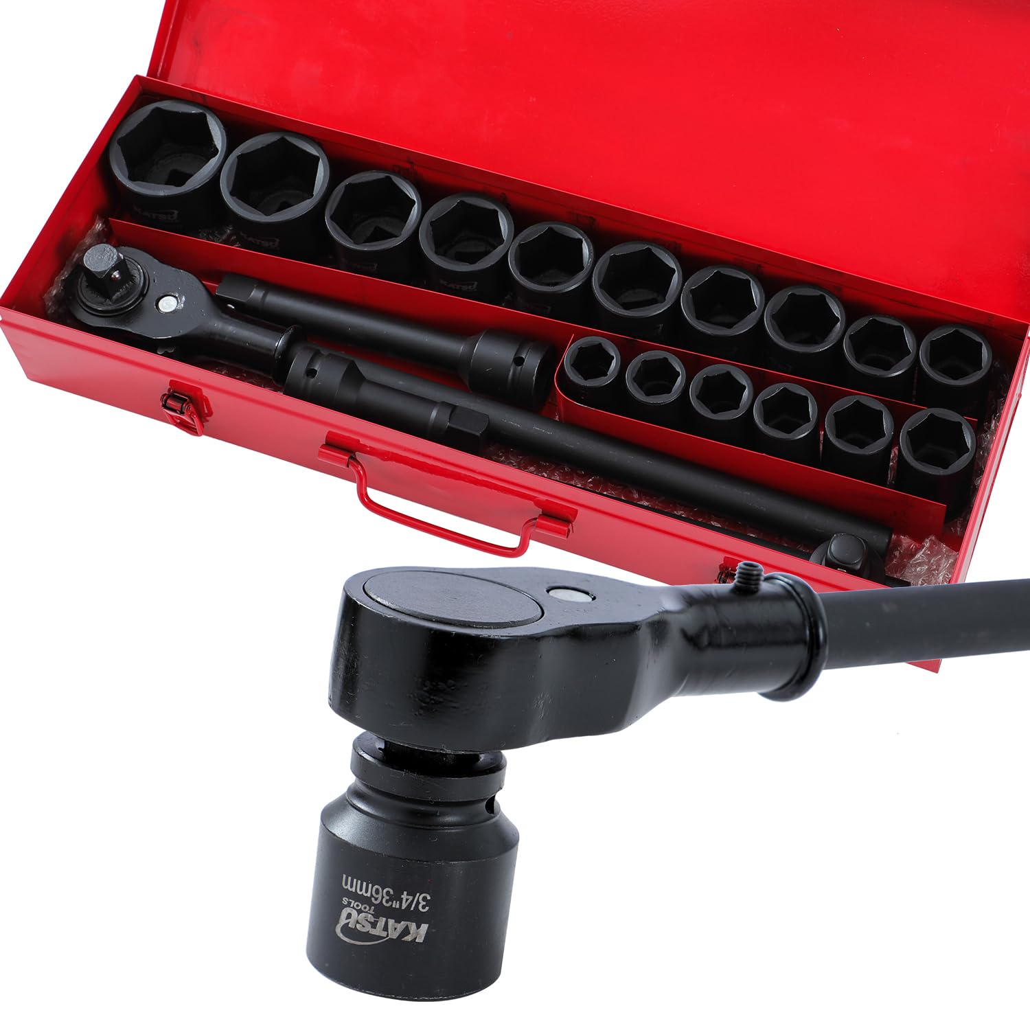 KATSU Tools Juego dado impacto industrial 21 pz – carraca de 24 dientes con liberación rápida 3/4″, vasos profundos 6 puntas métricos 19‑50 mm, maletín acero