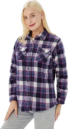 ThCreasa Womens Sherpa Fleece Lined Flannel Shirt Jacket Warm Button Up Plaid Shirt Jac (Sherpa Fleece Throughout)