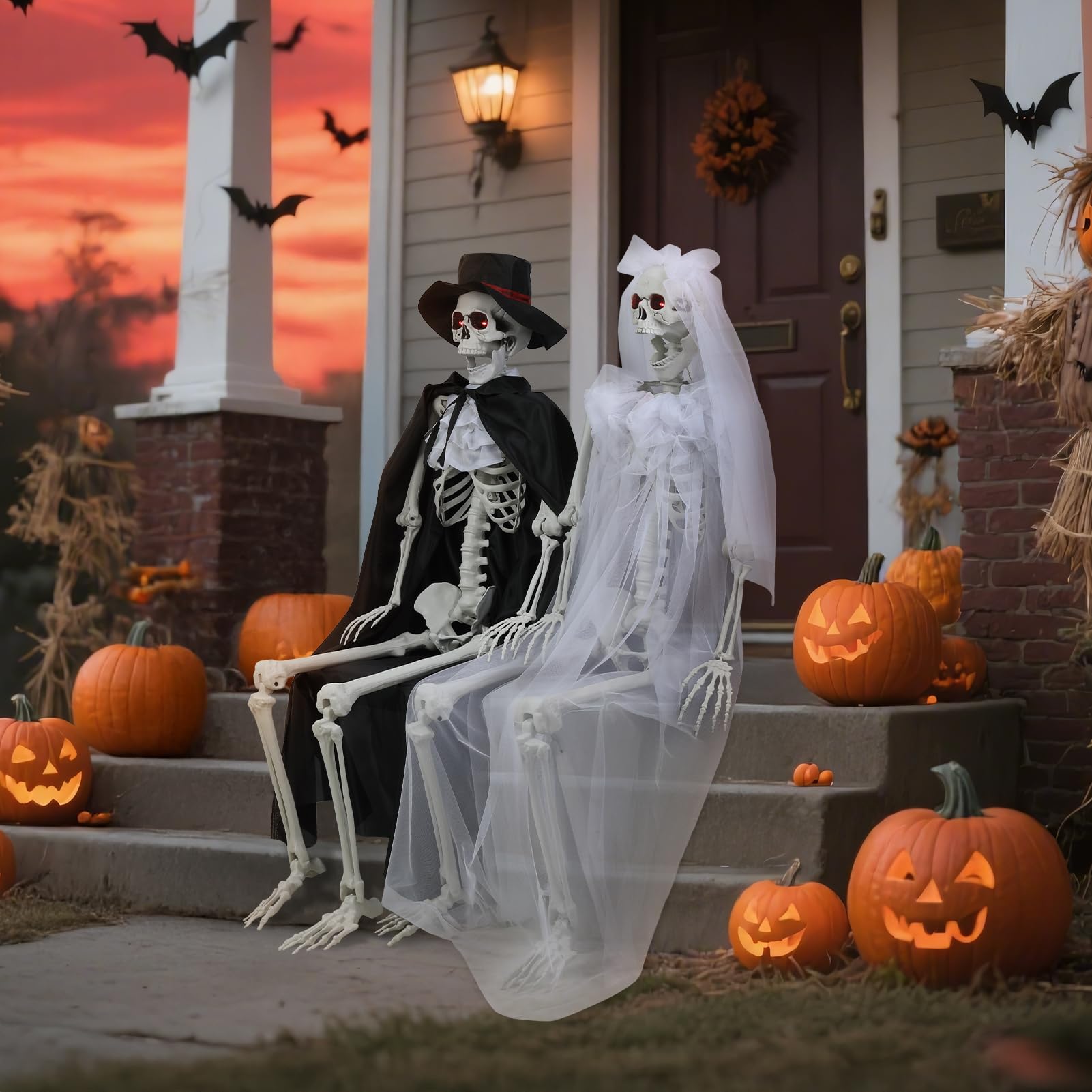 Szkielety halloweenowe naturalnej wielkości możliwy szkielet para panna młoda pan młody nawiedzony dom rekwizyt ruchome stawy świecące oczy efekty dźwiękowe wewnątrz na zewnątrz podwórko dekoracje