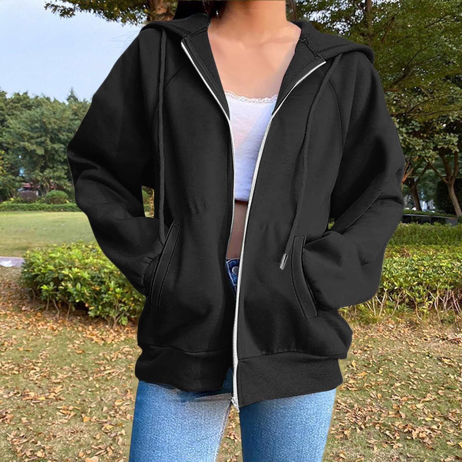 Sweats À Capuche Femme Sweat Zippé Femme Veste Sport Femmes avec Poches Mode Sweatshirt Manches Longues Hoodies Casual Baggy Couleur Unie Sweatshirts Grande Taille 2025 Automne Hiver
