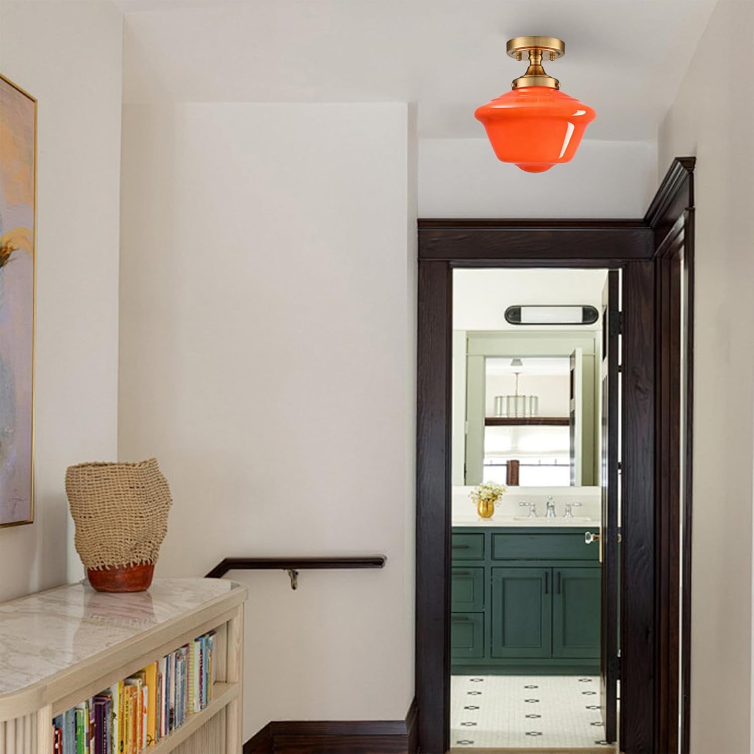 SAMTEEN Gold Semi Flush Mount Ceiling Light 10-Inch Schoolhouse Light Fixtures Orange Milk Glass Ceiling Light Modern Hallway Light Fixtures Brass Vintage Light for Bedroom Entryway