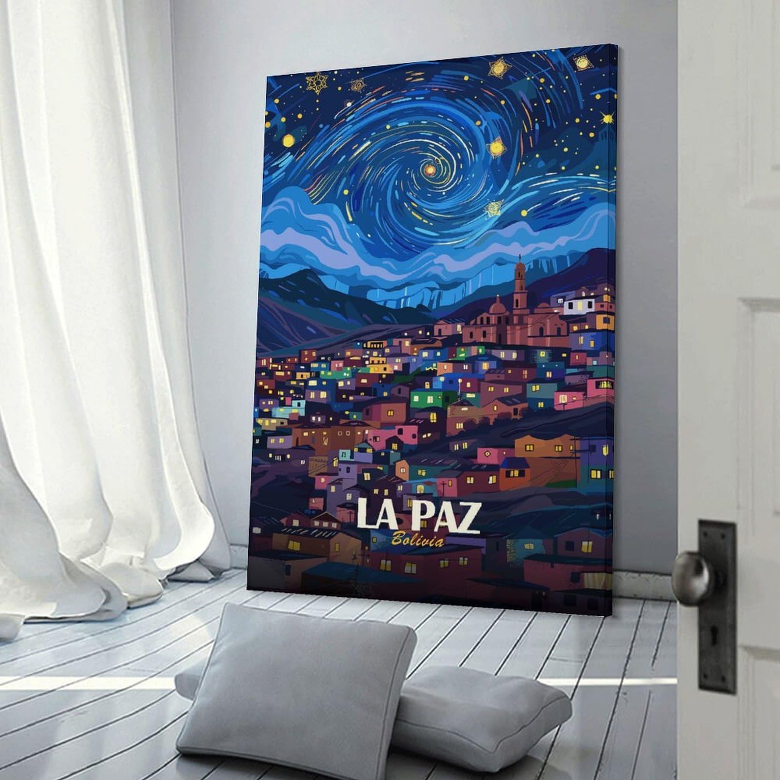 Junmoney La Paz, Bolivia, Starry Night Illustration Room Decor Wall Art 08x12inch(20x30cm), for Art Walls, Layered Displays Or Homes, Wall Decor Suited to Curated Displays