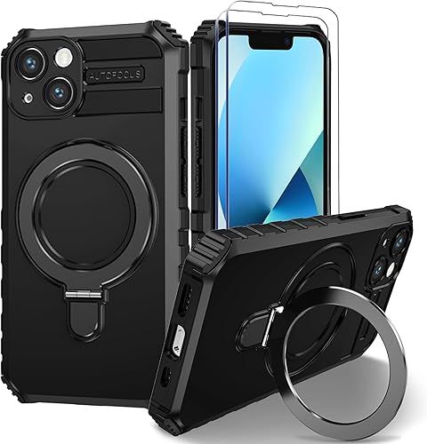 Funda magnética para iPhone 13 compatible con MagSafe con 2 protectores de pantalla de vidrio templado con soporte de anillo, grado militar,