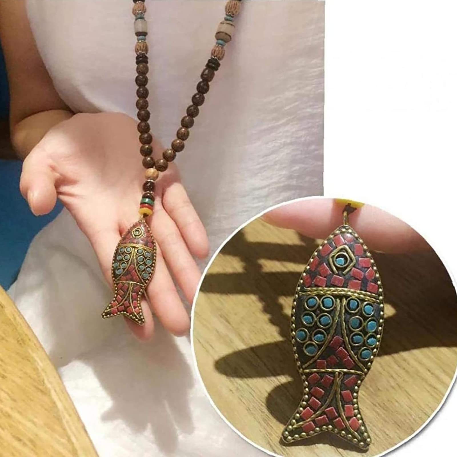 Boho Long Pendant Necklace For Women - Handmade Wooden Beads, Fish Charms, Bohemian Sweater Chain