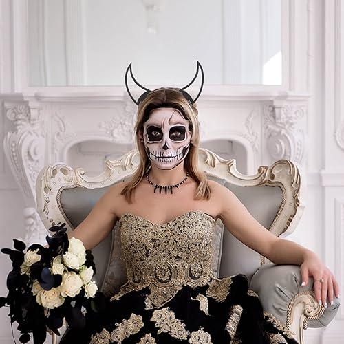 Miniatura 2 de Lurrose Diadema de maquillaje, diadema de cuerno de Halloween, cosplay, telaraña, cuerno de diablo, banda de pelo de malla para disfraz de fiesta