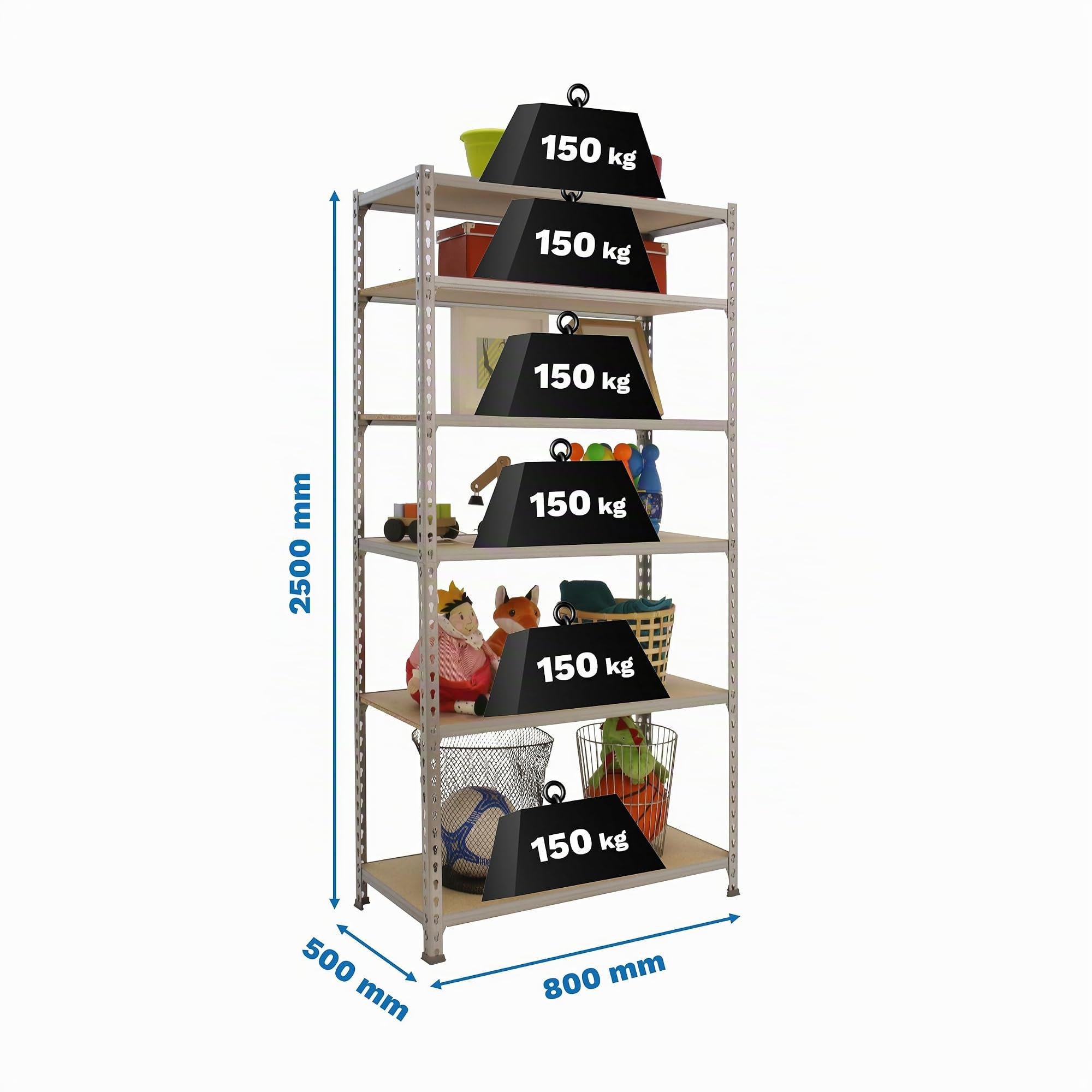 Simon Rack Estantería Metálica 2500x800x500 mm - Maderclick | 6 Alturas, Bandeja Madera, 150 kg de Punto Flexión, Galva , Pintura anticorrosión, Montaje sistema clic
