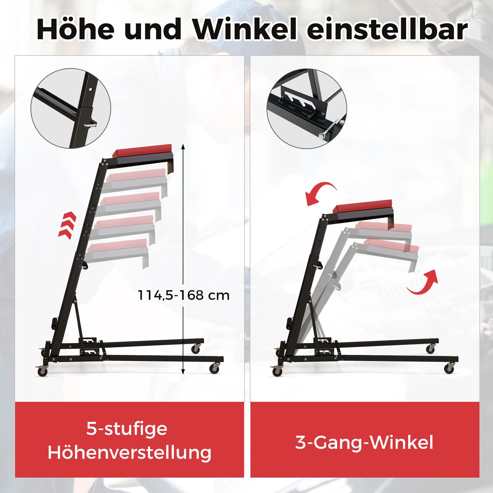 COSTWAY Werkstatthocker mit Leiter 114,5-168 cm Höhenverstellbar, 4 Stufenleiter mit Werkzeugplattform & Rollen, Werkstatt Montagerollbrett Montagerollleiter, Topside Creepers für LKW & SUV
