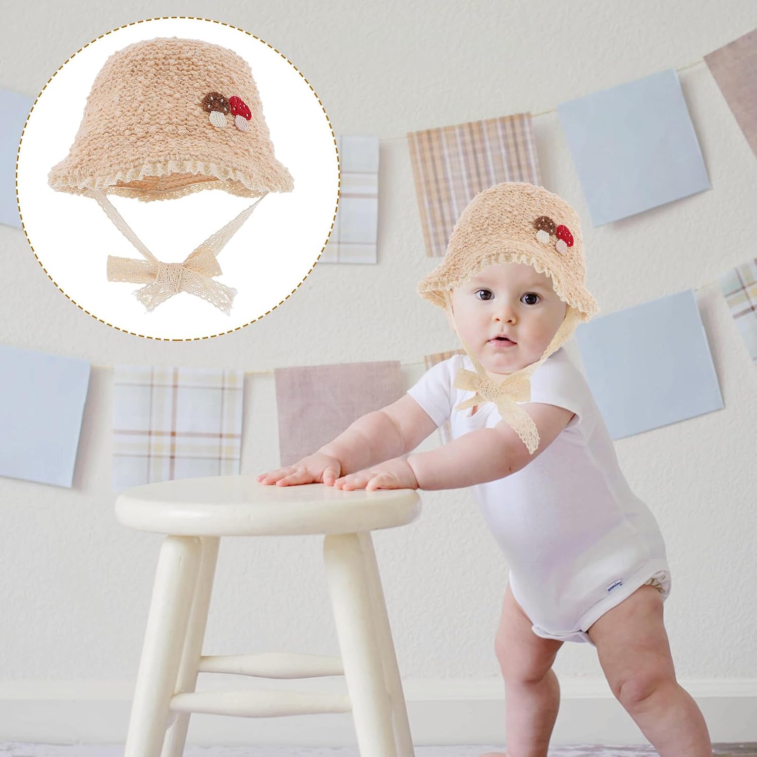 Ciieeo Knit Hat Girl Beanie Mushroom Style Winter Hat Cotton Blend Soft Warm 46-52cm for 1-5 Years Old Beige