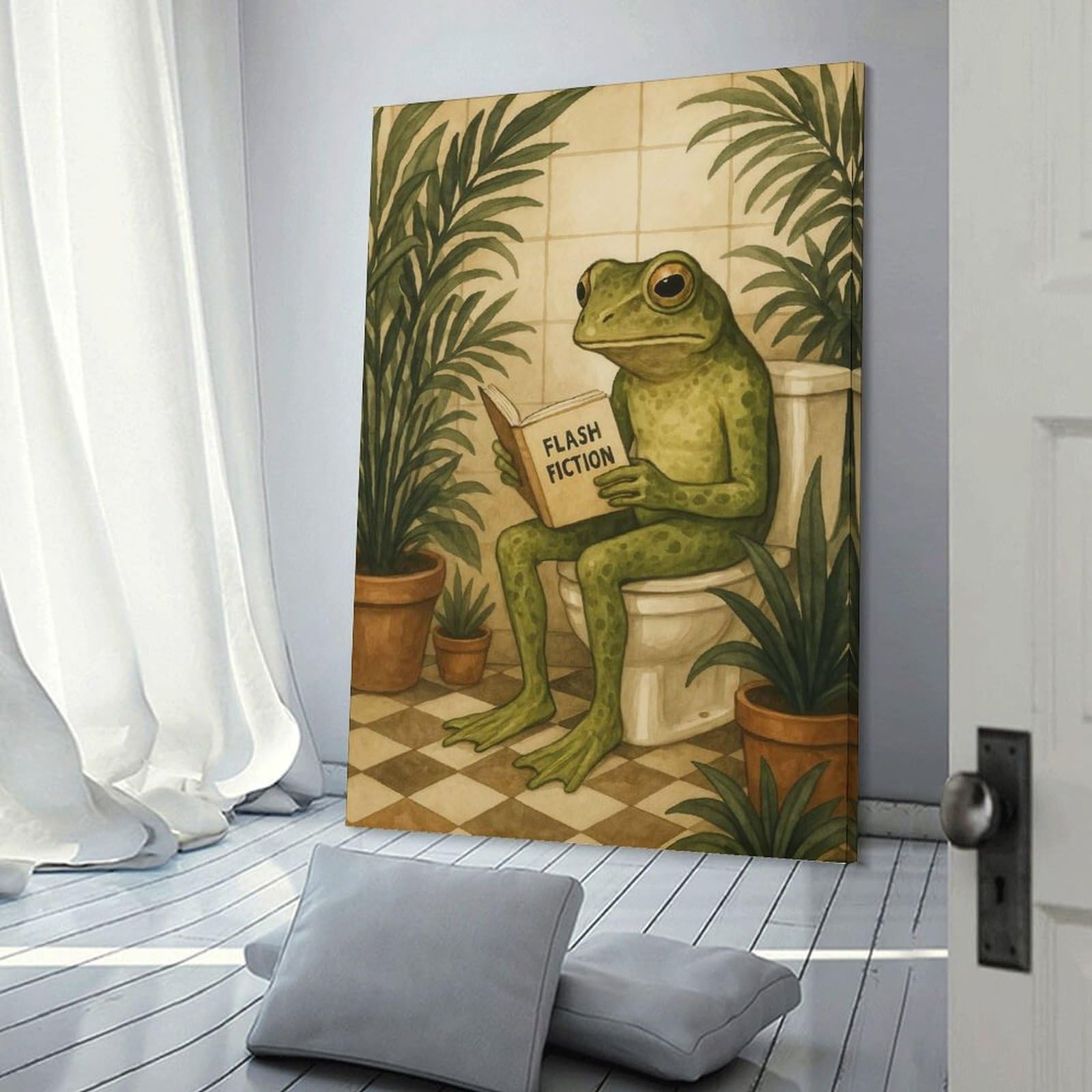 Junmoney Frog Reading Flash Fiction on Toilet Home Decor Wall Art 20x30inch(50x75cm), for Office, Study Or Home Workspace, Home Office Artwork with Decorative Appeal