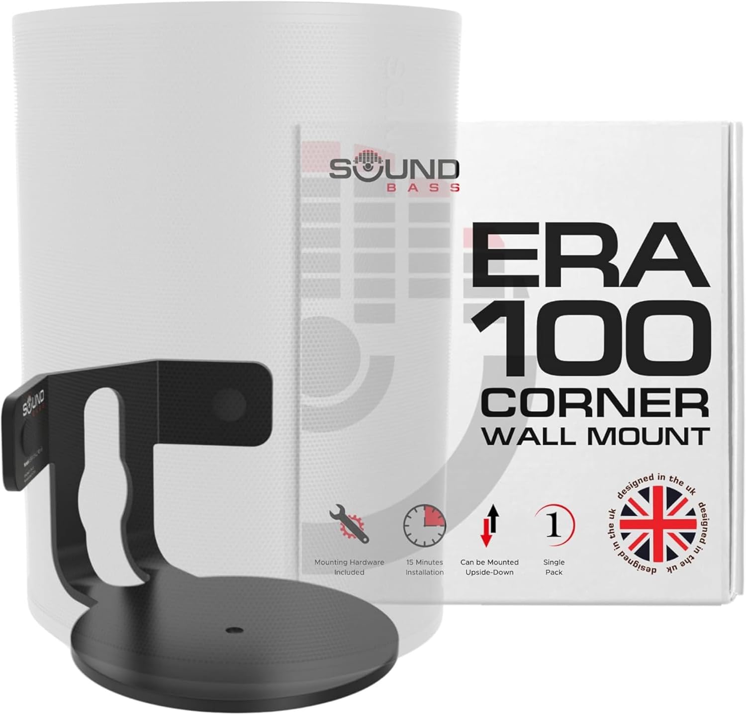 Sound Bass ERA 100 Corner Wall Mount Bracket - Low Profile, Black, Single (1pc), Complete with All Mounting Hardware, Compatible with Sonos ERA100 & ERA 100 SL Speaker