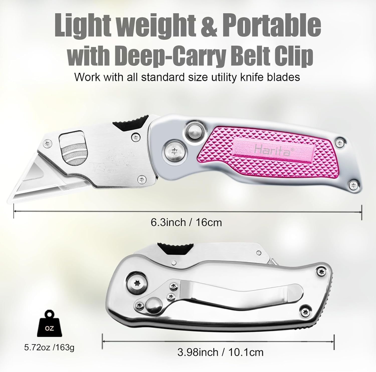 Harita Box Cutter Utility Knife Cutter Knives with Quick Change Blades, Back-lock Mechanism, Portable Belt Clip, Heavy Duty Razor Knife with 5-piece Extra Blades (Pink)