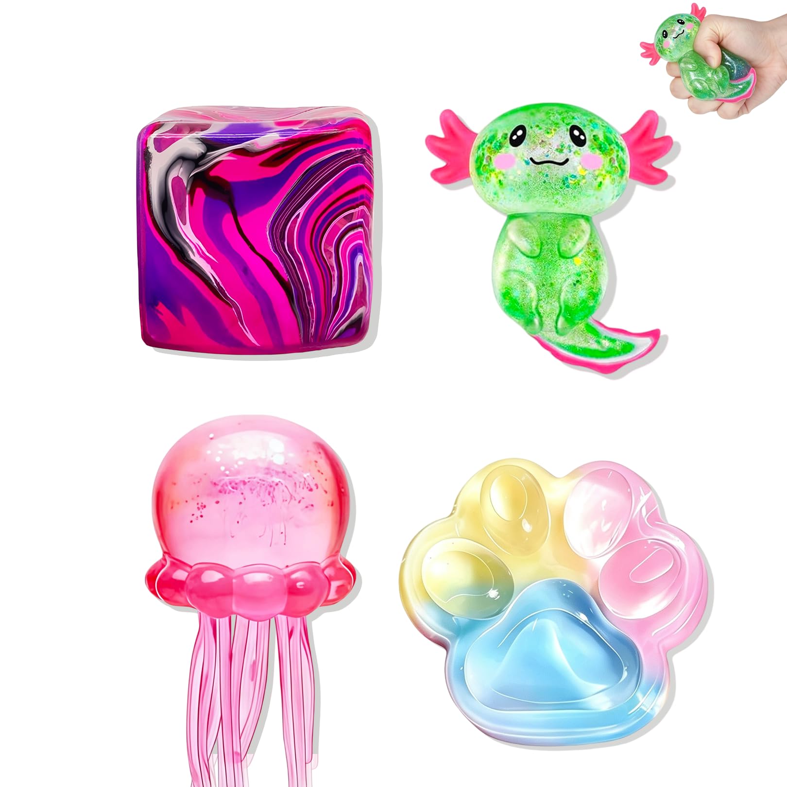 4Pcs Squishy Set, Cube Axolotl Jellyfish Cat Paw Fidget Toy