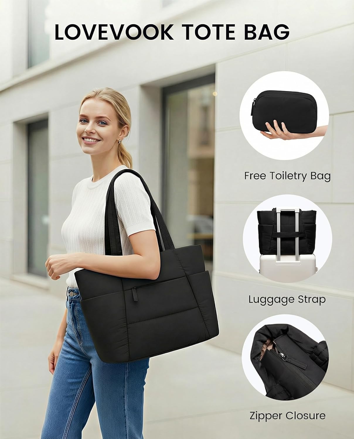 LOVEVOOK Puffer Tote Bag for Women,15.6in Laptop Work Tote with 40oz Cup Holder,Nurse Teacher Bag with Zip,10 Pockets